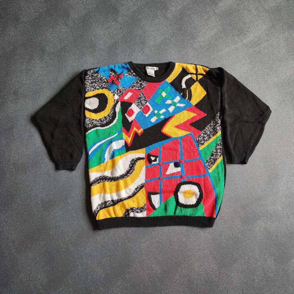 Vintage 90's Abstract Marie Diamond Quarter Sleeve Ramie Cotton Sweater XL